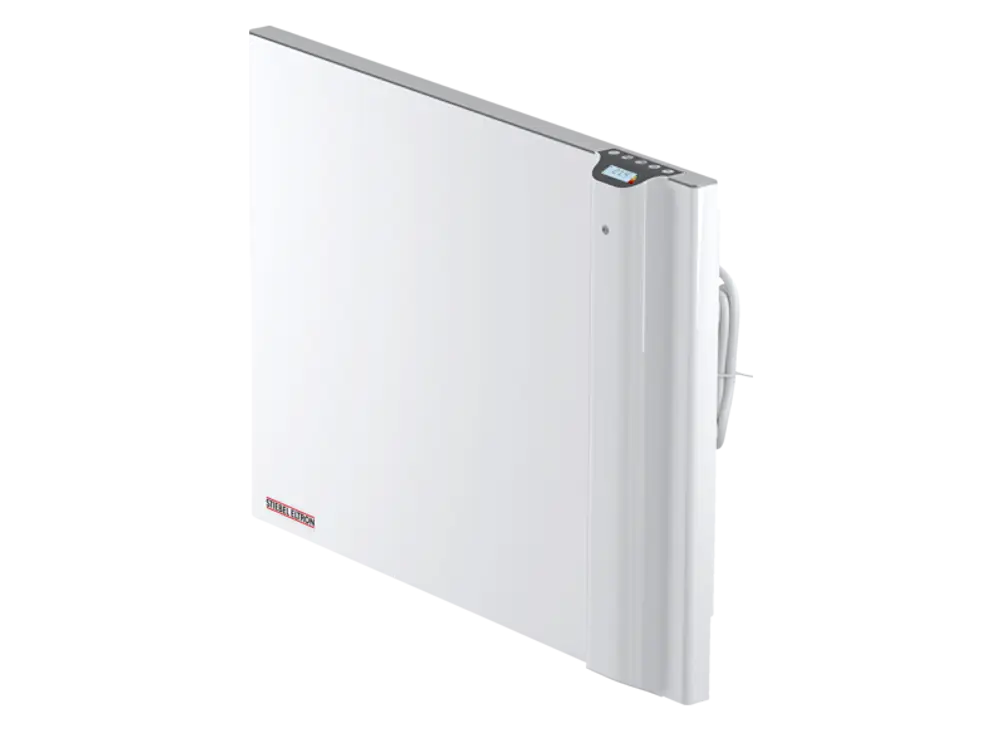 Weißer Konvektorheizkörper von Stiebel Eltron mit einem flachen, rechteckigen Design und Bedienelementen an der Oberseite. Ideal für die Wandmontage.