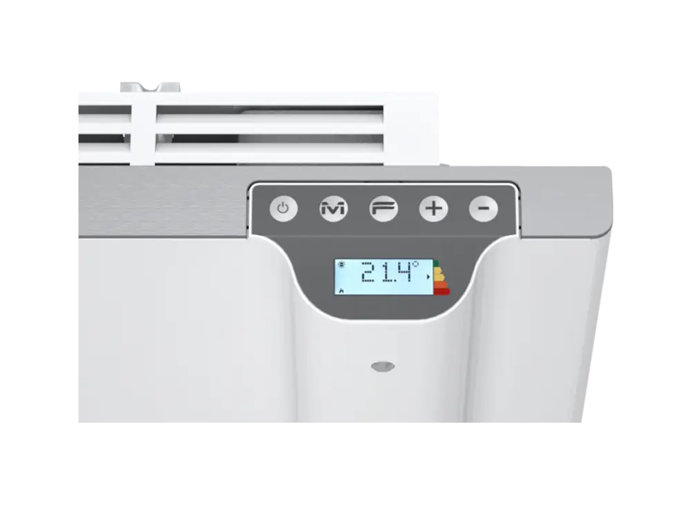 Bedienelemente eines Stiebel Eltron Konvektors mit digitalem Thermometer, Temperaturanzeige und Steuerungstasten auf der Vorderseite in weißer Ausführung.