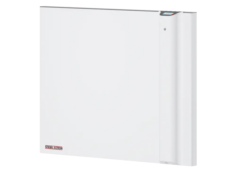 Weißer Wandkonvektor von Stiebel Eltron, rechteckige Form mit Bedienfeld, für die Montage an Wänden in Wohnräumen geeignet.