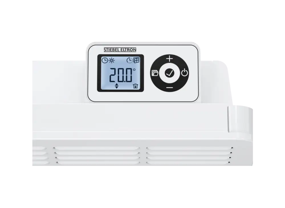 Bedienfeld eines Wandkonvektors von Stiebel Eltron mit digitaler Temperaturanzeige und Steuerelementen, montiert an einer weißen Oberfläche.