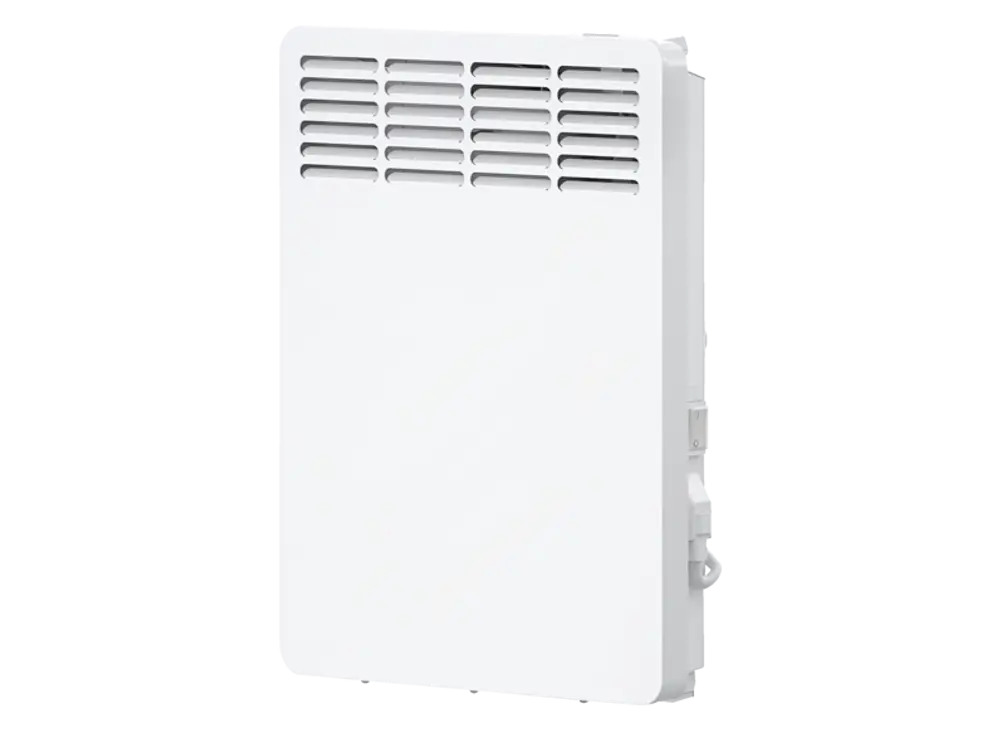 Stiebel Eltron Wand-Konvektor in Weiß, rechteckige Form mit Lüftungsschlitzen oben, seitliche Bedienelemente und Montagehalterung für die Wand.