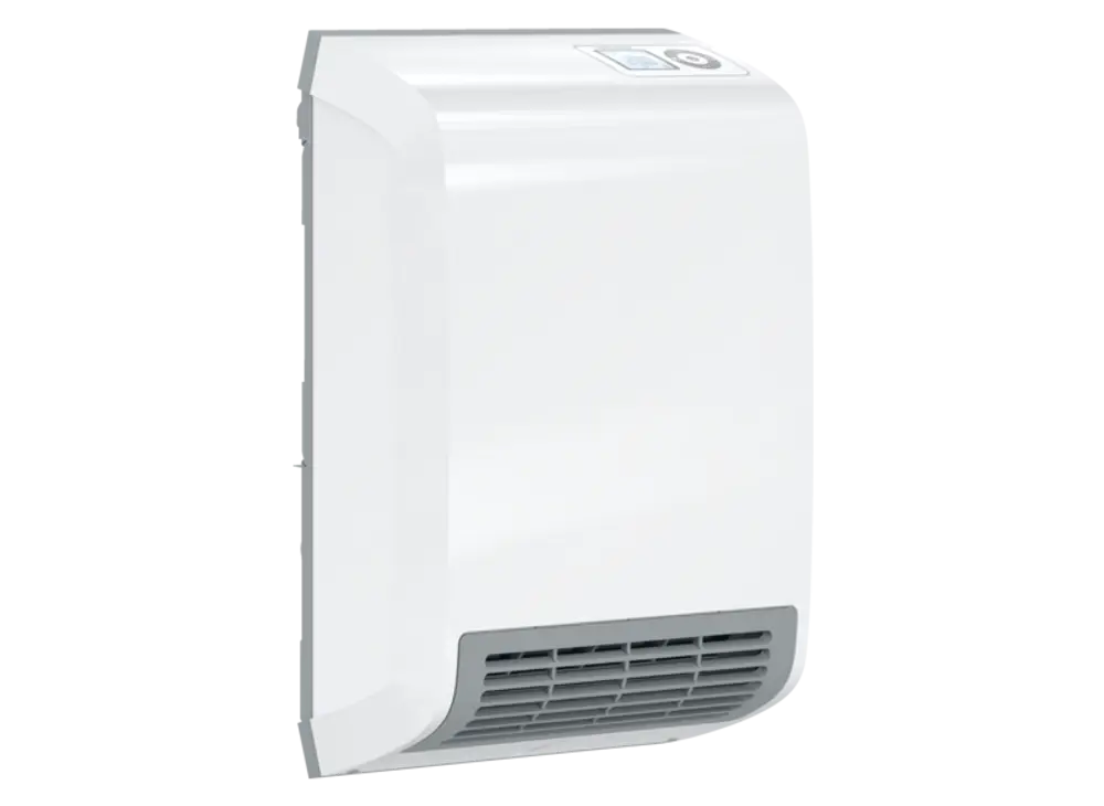 Weißer Wandheizer von Stiebel Eltron mit einem flachen, modernen Design und einem Steuerfeld an der Oberseite, geeignet für die Wandmontage in Innenräumen.