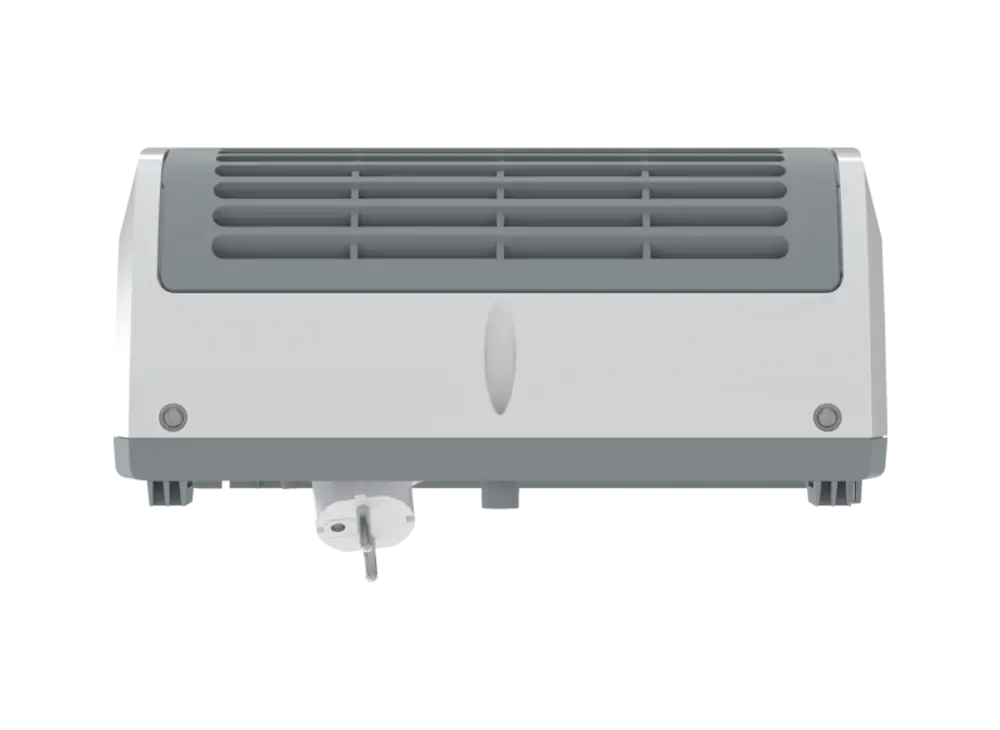 Wandgerät von Stiebel Eltron mit Lüftungsschlitzen, Stecker unten rechts, in Weiß. Das Design ist funktional und schlicht, ohne erkennbare Bedienelemente.