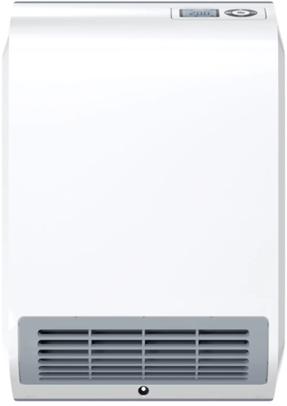 Weißer Wandheizkörper von Stiebel Eltron mit einer digitalen Anzeige oben und einem Luftauslass an der Unterseite, geeignet für schnelle Heizlösungen.