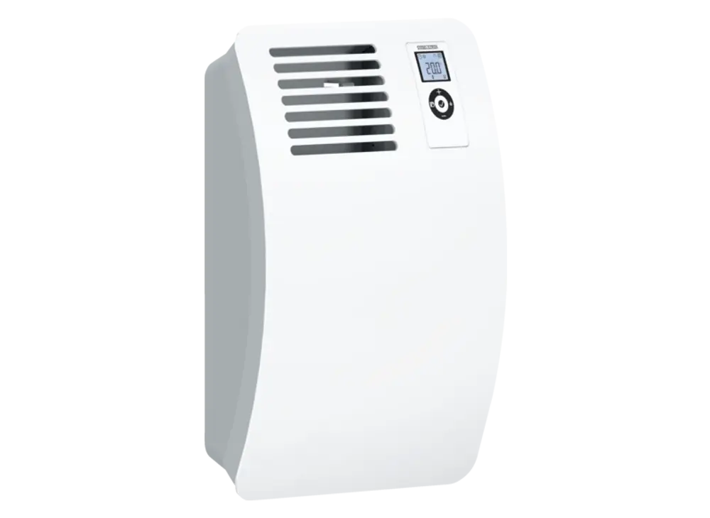 Stiebel Eltron Wandheizgerät in Weiß mit digitalem Bedienfeld, Luftauslassschlitzen oben und seitlich, montiert an einer hellen Wand.