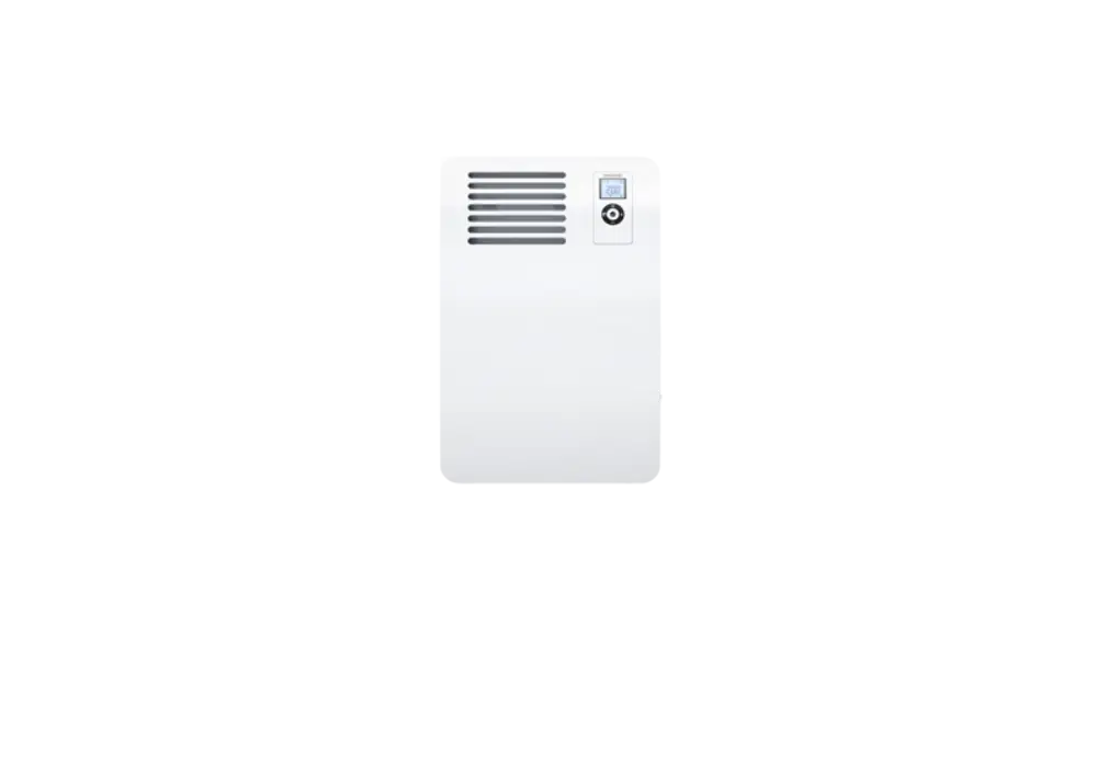 Wand-Konvektor von Stiebel Eltron in Weiß, mit rechteckiger Form und Luftauslässen, montiert an einer Wand. Minimalistisches Design ohne auffällige Elemente.