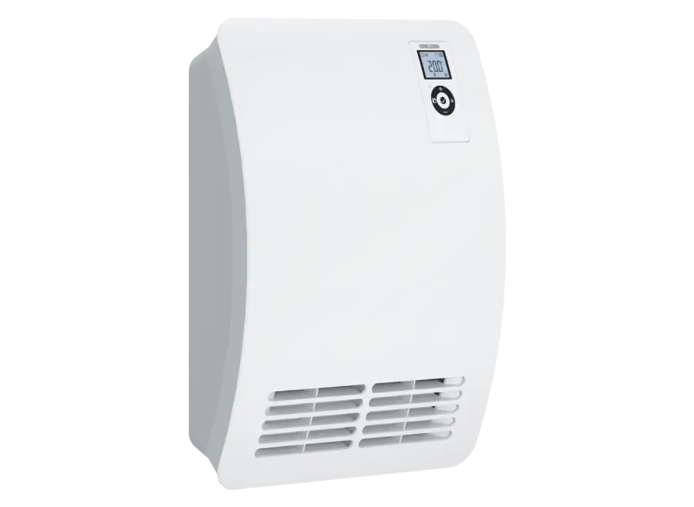 Weißer Wandheizgerät von Stiebel Eltron mit digitaler Temperaturanzeige und Lüftungsschlitzen, montiert an einer glatten Wand.