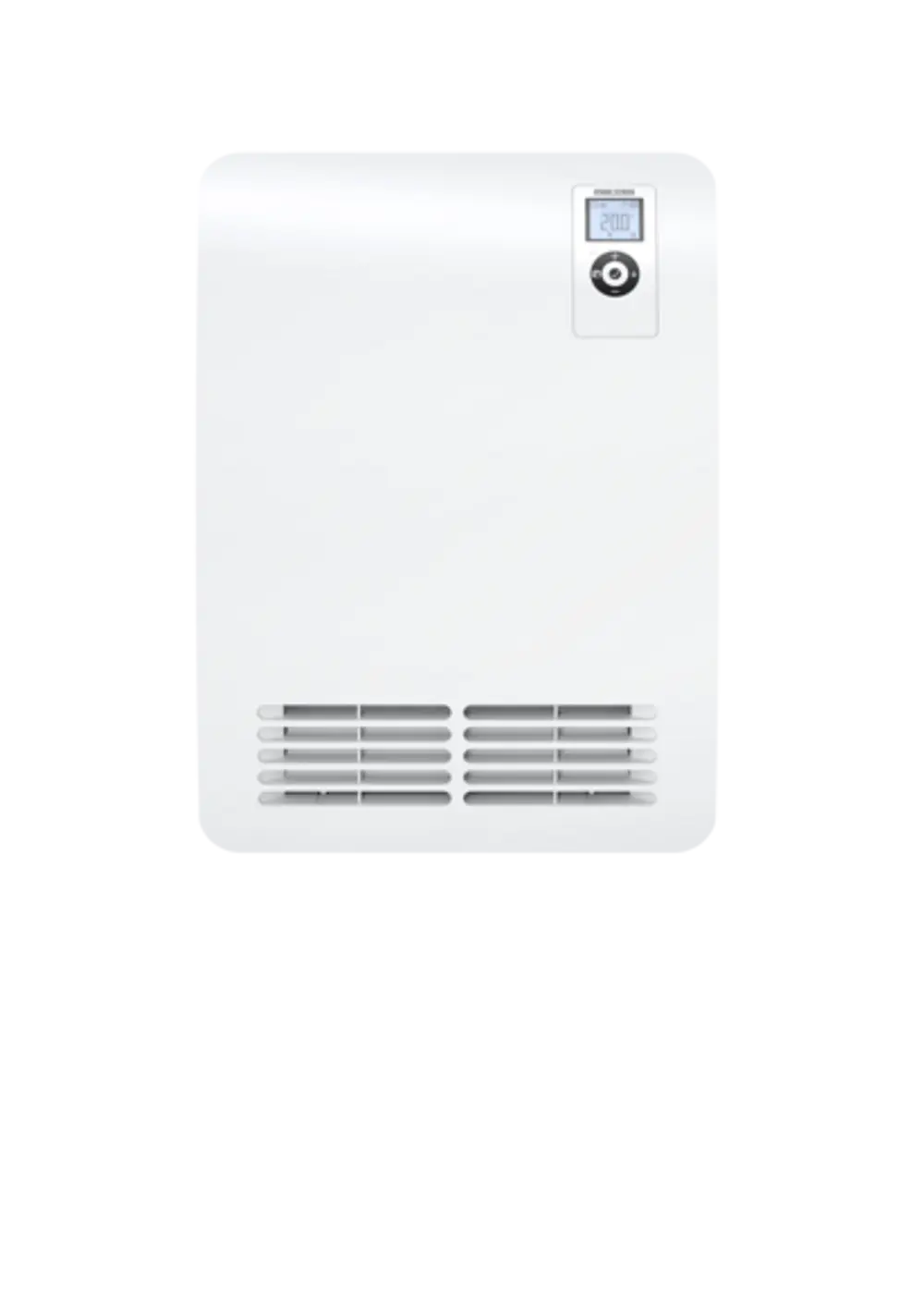 Wandheizgerät in Weiß mit digitalem Display und Bedienelementen, hergestellt von Stiebel Eltron. Ventilationsöffnung an der Unterseite.