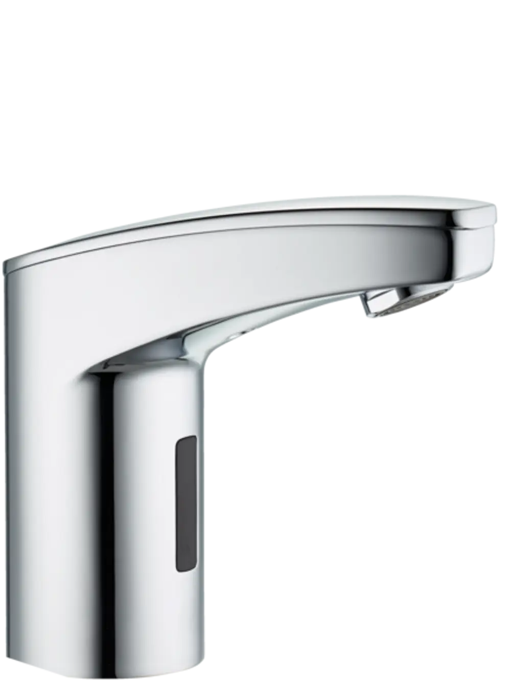 Sensor-Armatur von Stiebel Eltron in glänzendem Chrom-Finish, mit einem fließenden Design und einem integrierten Sensor zur berührungslosen Wasserabgabe.