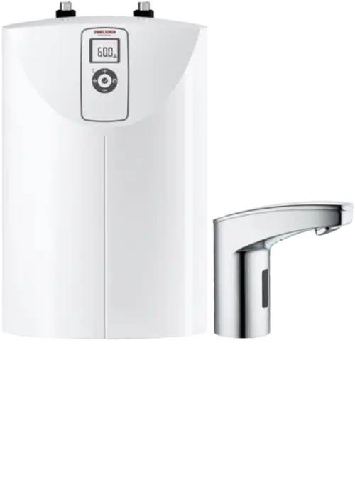 Weißer Durchlauferhitzer mit digitalem Display und eleganter chromfarbener Wasserarmatur.