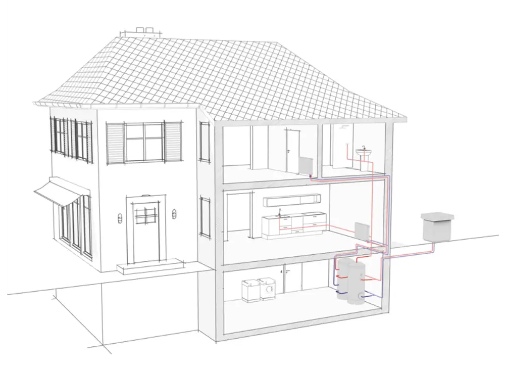 Schema eines Hauses mit Heizungsinstallationen, einschließlich eines Pufferspeichers von Stiebel Eltron im Keller, der mit Wasserleitungen und Heizkörpern verbunden ist.