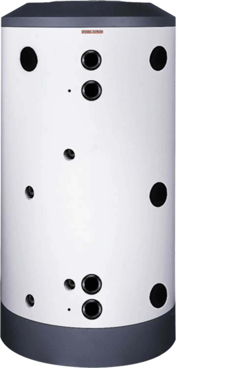 Stiebel Eltron Pufferspeicher in zylindrischer Form, weiß mit grauem oberen Rand, mehreren Anschlüssen auf der Oberfläche für Wasserleitungen.