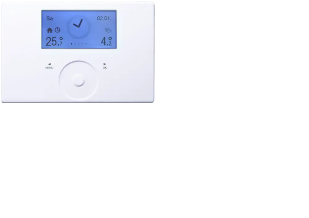Weißes Bedienfeld von Stiebel Eltron mit einem digitalen Display, zeigt Temperatur (25,7°C), Datum und Icons für Heizung und Uhrzeit. Tasten für Menü und Bestätigung sind sichtbar.