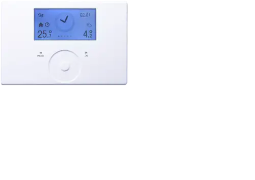 Weißes Bedienfeld von Stiebel Eltron mit einem digitalen Display, zeigt Temperatur (25,7°C), Datum und Icons für Heizung und Uhrzeit. Tasten für Menü und Bestätigung sind sichtbar.