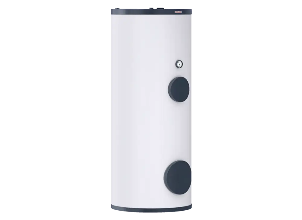 Weißer, zylindrischer Warmwasserspeicher mit zwei Anschlussöffnungen und einem Druckmanometer, hergestellt von Stiebel Eltron.