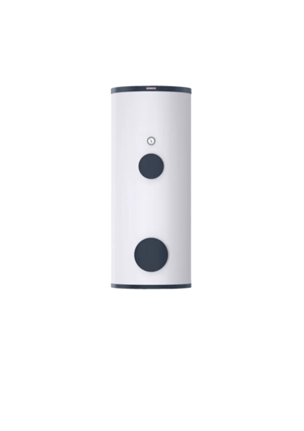 Weißer Trinkwarmwasserspeicher mit runder Vorderseite, zwei dunklen Tasten und einem Manometer, gefertigt von Stiebel Eltron.