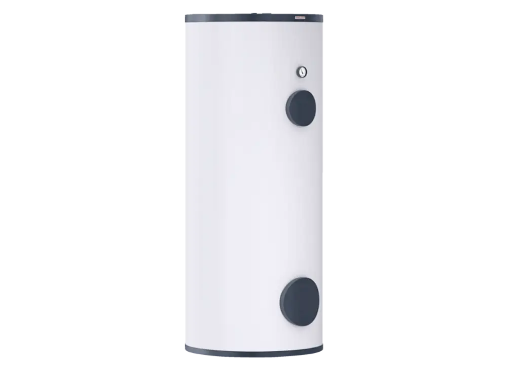 Weißer Trinkwarmwasserspeicher von Stiebel Eltron mit runden Bedienelementen und einem einfachen, vertikalen Design, geeignet für die Aufstellung in Wohnräumen.