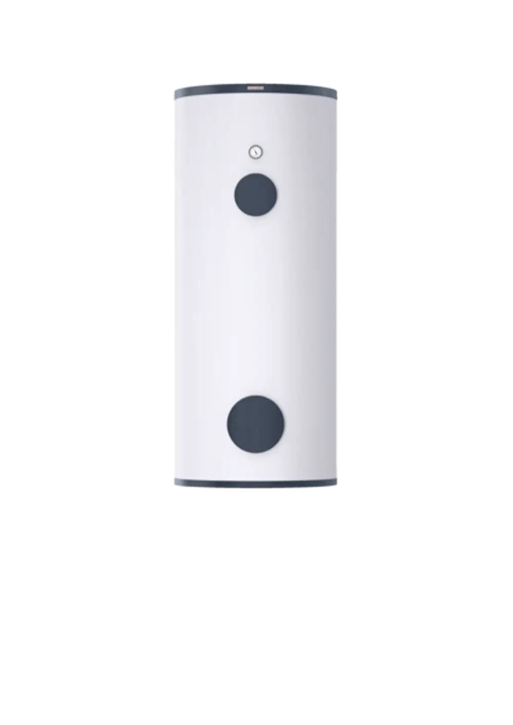 Weißer Trinkwarmwasserspeicher von Stiebel Eltron mit zwei runden Bedienelementen und einem Druckmesser, in vertikaler Form.