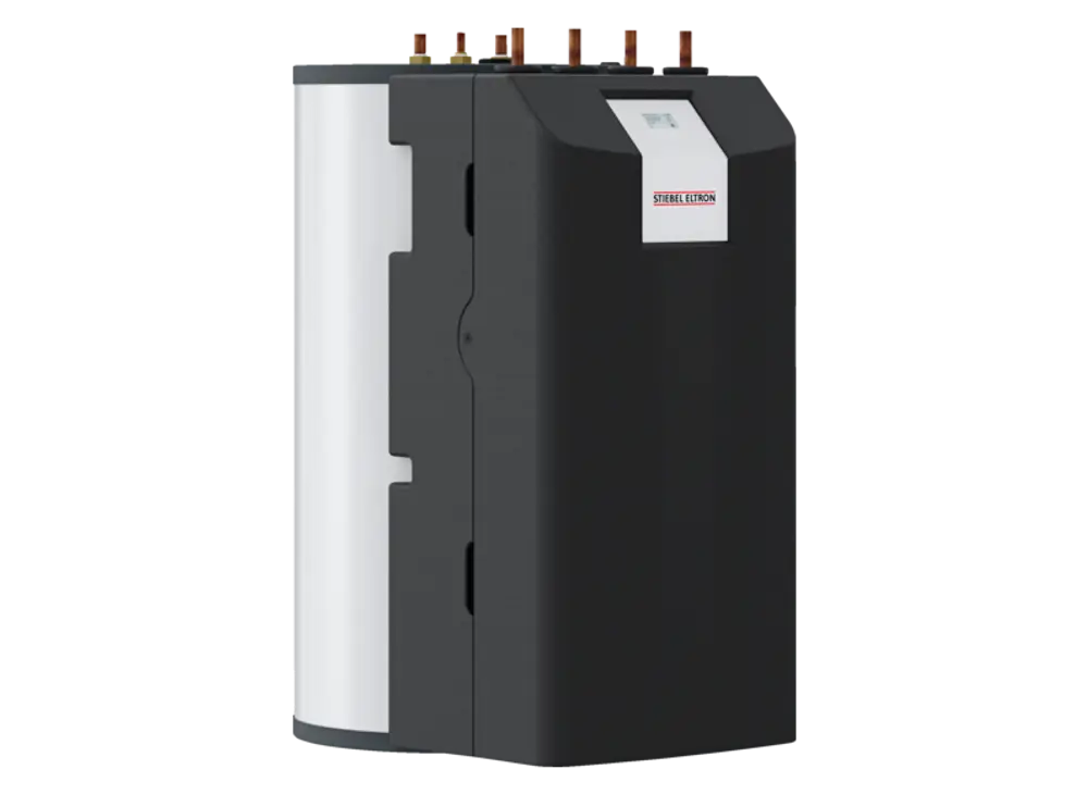 Speicher-Hydraulikmodul in schwarz-weißer Ausführung von Stiebel Eltron, mit mehreren Anschlüssen oben und digitalem Display auf der Vorderseite.