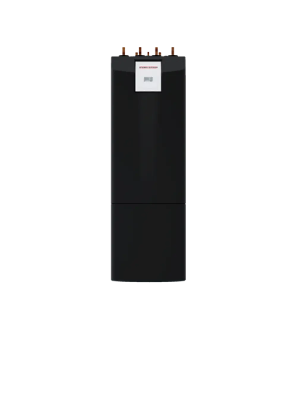 Stiebel Eltron Integralspeicher in schwarzem Design, aufrecht stehend, mit mehreren Anschlüssen an der Oberseite und einem digitalen Anzeigeelement in der Frontmitte.