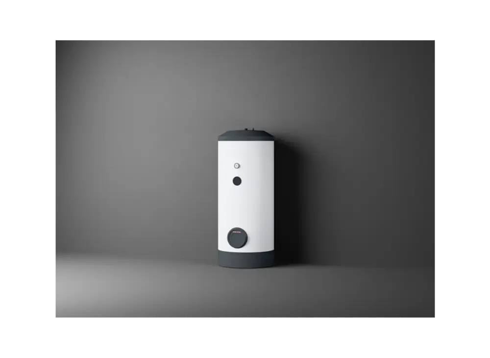 Weiße WarmwasserspeicherEinheit von Stiebel Eltron mit rundem, schlichtem Design, montiert an einer grauen Wand. Bedienknopf und Anzeigen auf der Vorderseite sichtbar.