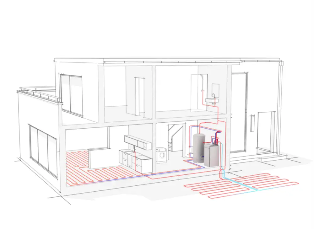 Schematische Darstellung eines Hauses mit Stiebel Eltron Warmwasserspeicher und angeschlossenem Heizsystem, bestehend aus Rohrleitungen für Warmwasser und Heizung.
