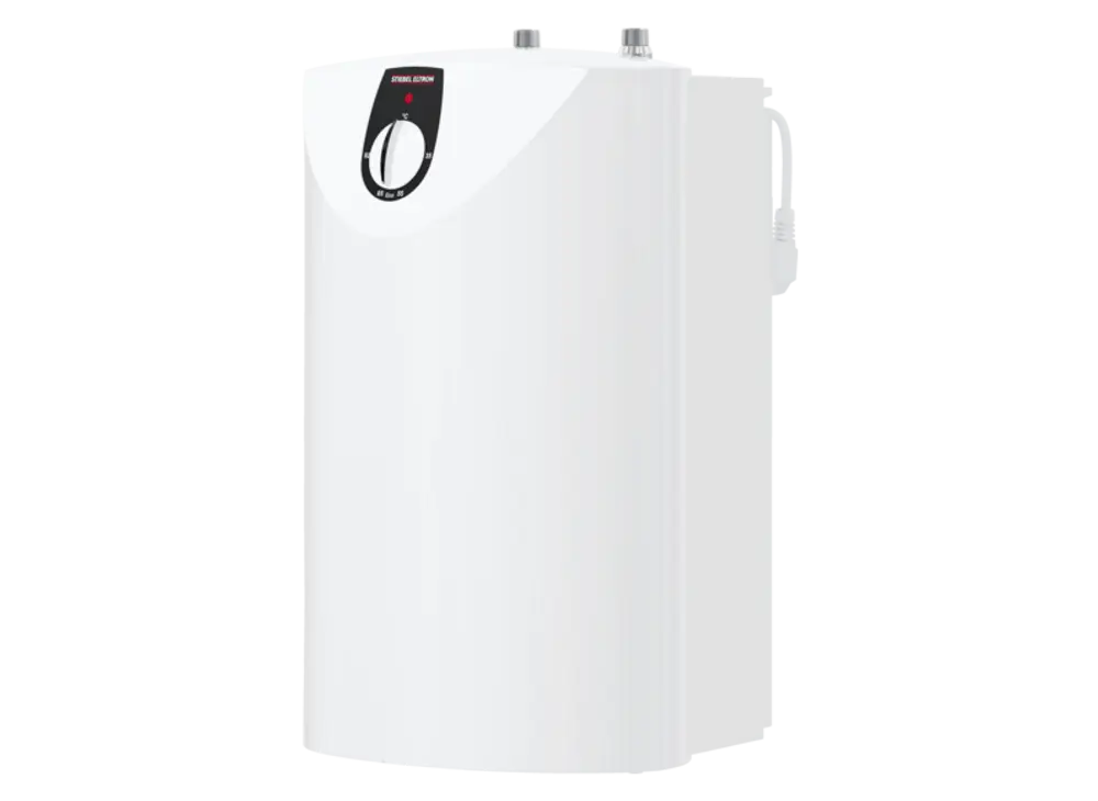 Weißer, kompakter Kleinspeicher von Stiebel Eltron mit Bedienungselement und Anschlussmöglichkeiten. Ideal für die hygienische Warmwasserversorgung in kleinen Räumen.