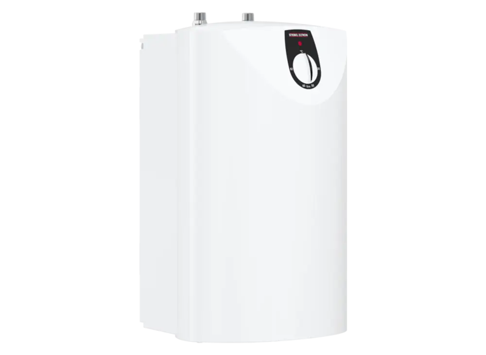 Weißer geschlossener Kleinspeicher von Stiebel Eltron, rechteckige Form, mit Temperaturregler und Anschlussfeld oben. Ideal für die Wandmontage in Haushalten.