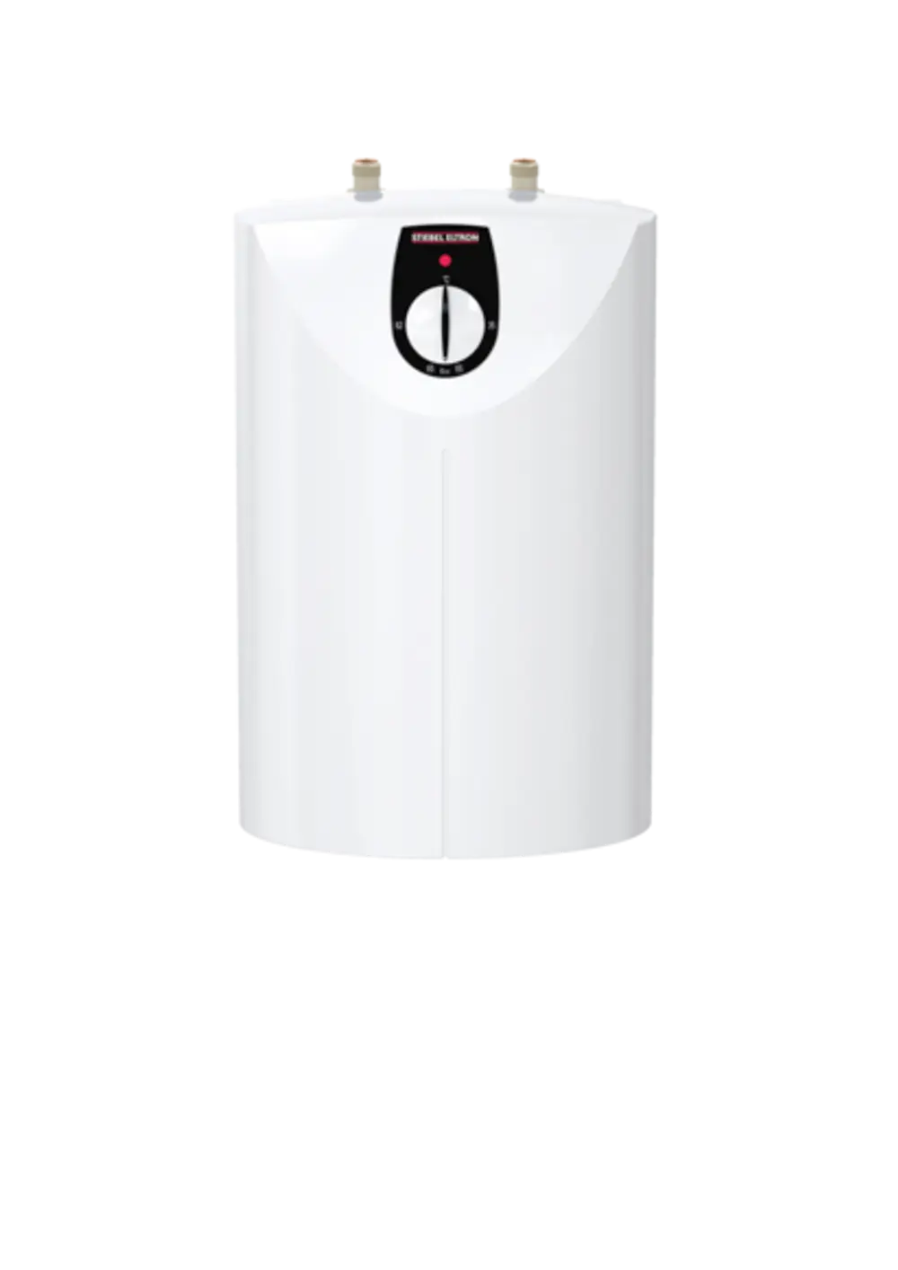 Weißer Kleinspeicher von Stiebel Eltron mit runder Form und zwei Anschlüssen oben. Schlichtes Design mit einem Temperaturregler auf der Vorderseite.