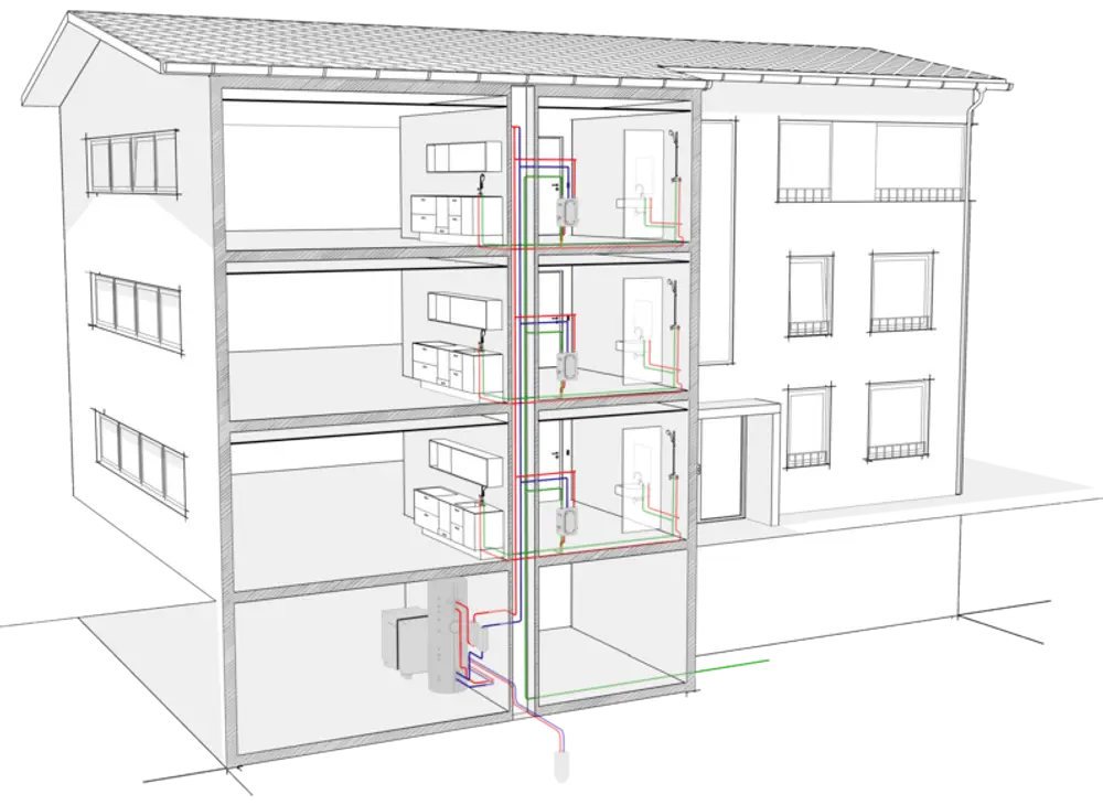 Mehrstöckiges Modell eines Gebäudes mit einem zentralen vertikalen Pufferspeicher, veranschaulicht die Installation eines Standspeichers von Stiebel Eltron und seine Leitungen.