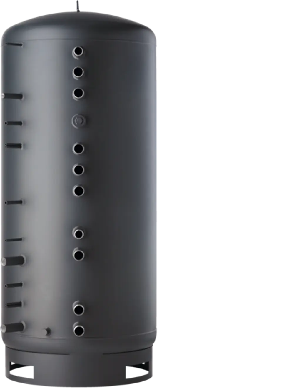 Stiebel Eltron Durchlaufspeicher in zylindrischer Form, in mattschwarzer Farbgebung, mit mehreren Anschlussöffnungen auf der Vorderseite.