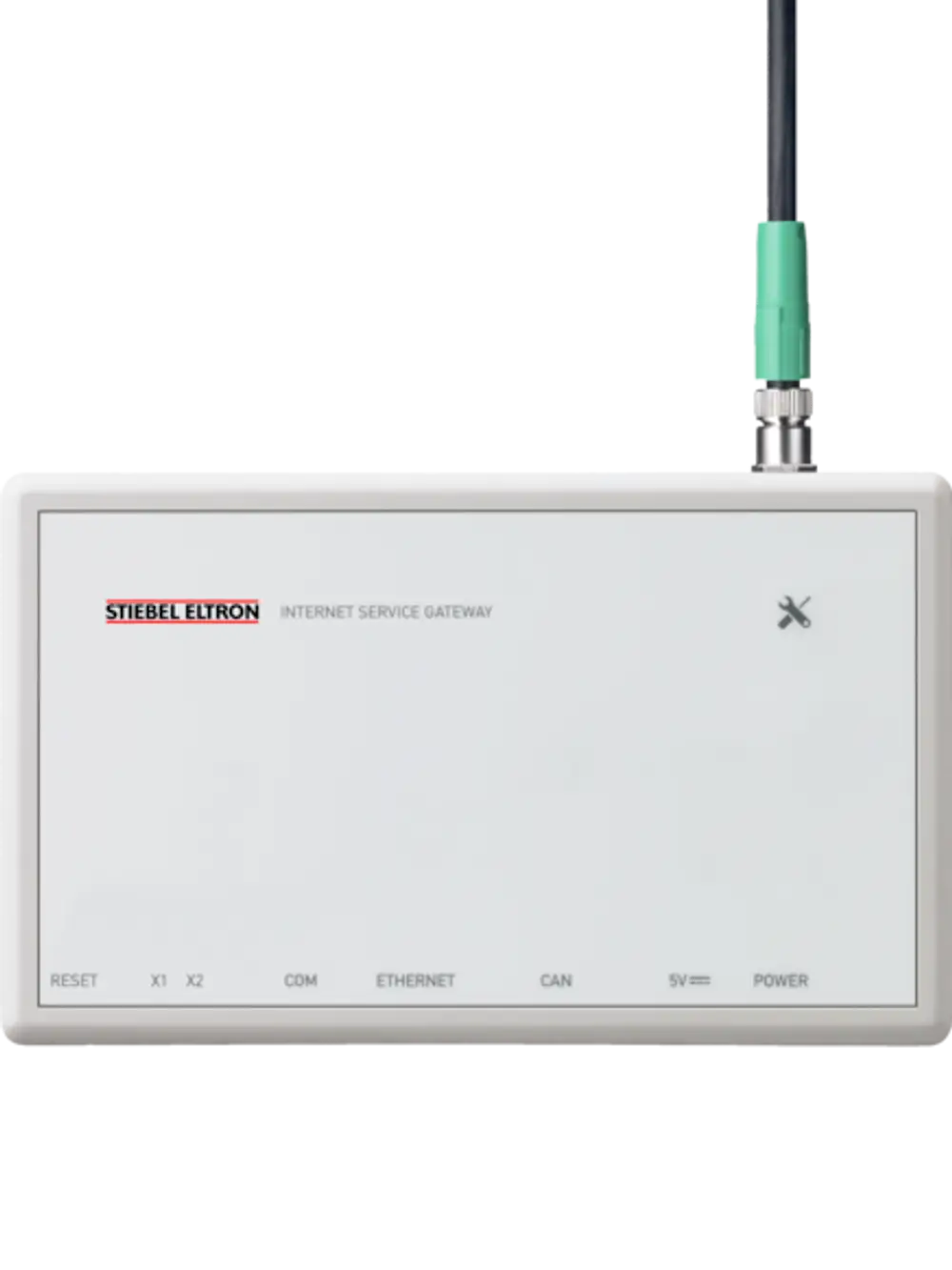 Internet Service Gateway von Stiebel Eltron mit mehreren Anschlüssen, darunter Ethernet und COM, sowie Reset und Stromversorgung oben auf einem weißen Gehäuse.