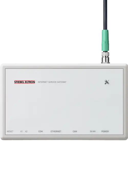 Internet Service Gateway von Stiebel-Eltron mit Anschlüssen für RESET, Ethernet, COM und CAN, ausgestattet mit einer Antenne.