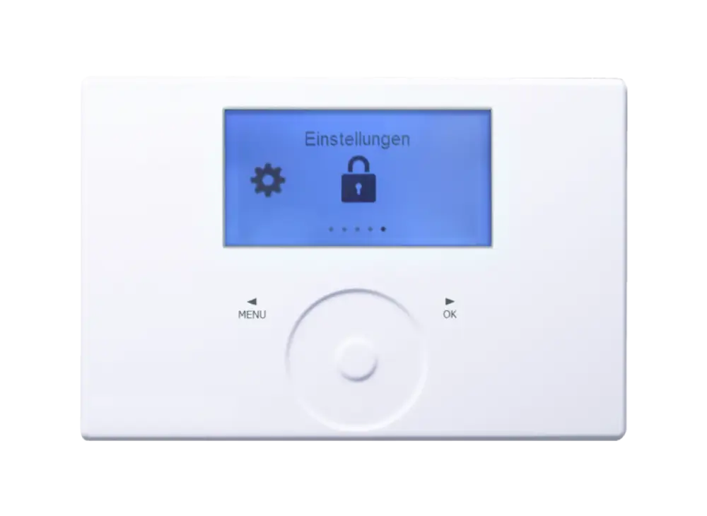Fernbedienung der Marke Stiebel Eltron mit beleuchtetem Display. Das Menü zeigt Einstellungsoptionen und ein Vorhängeschloss-Symbol für gesperrte Funktionen.