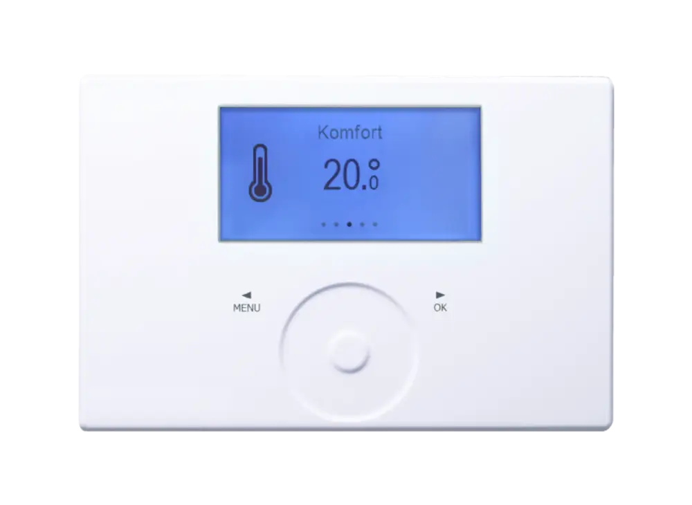 Temperaturregler von Stiebel Eltron mit digitalem Display, zeigt 20 °C und Einstellungsoptionen. Bedienfeld mit Tasten für Menü und Bestätigung.