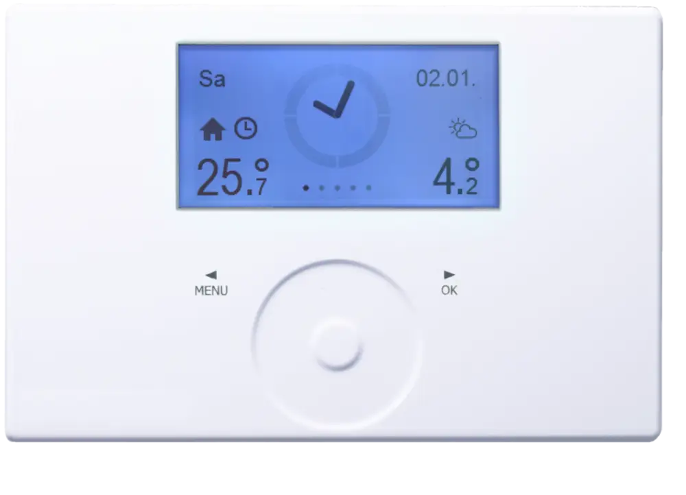 Temperaturregler von Stiebel Eltron mit einem digitalen Display. Aktuelle Temperaturanzeige: 25,7 °C. Datum: 02.01. Anzeige von Wetterdaten. Steuerungselemente sind sichtbar.