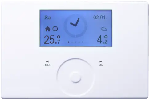 Temperaturregler von Stiebel Eltron mit einem digitalen Display. Aktuelle Temperaturanzeige: 25,7 °C. Datum: 02.01. Anzeige von Wetterdaten. Steuerungselemente sind sichtbar.