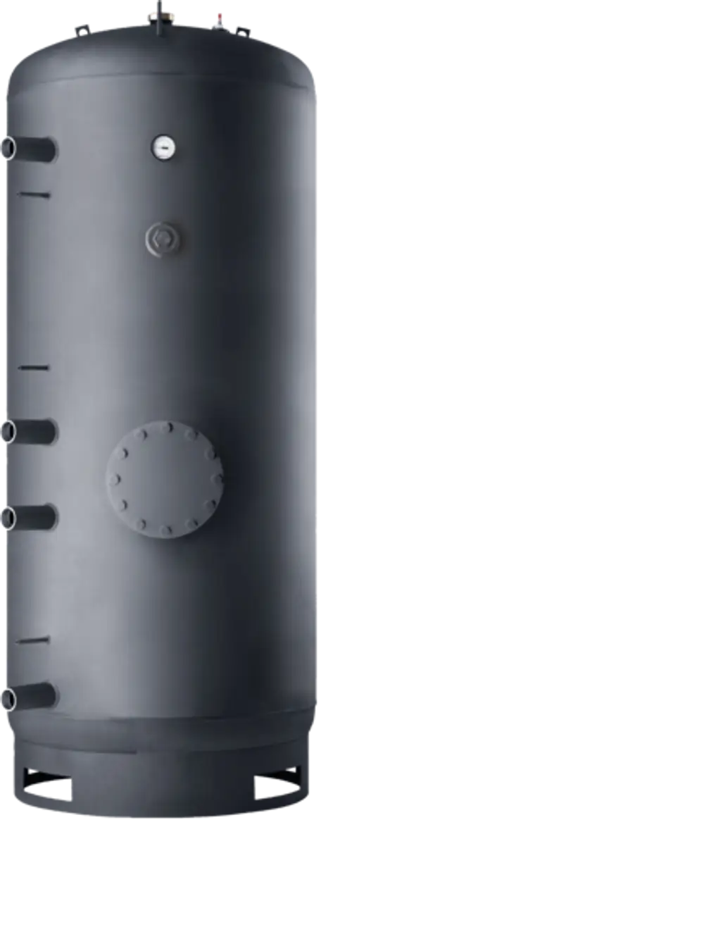 Schwarzer Warmwasserspeicher von Stiebel Eltron mit zylindrischer Form, Druckmanometer und mehreren Anschlüssen auf der Vorderseite.