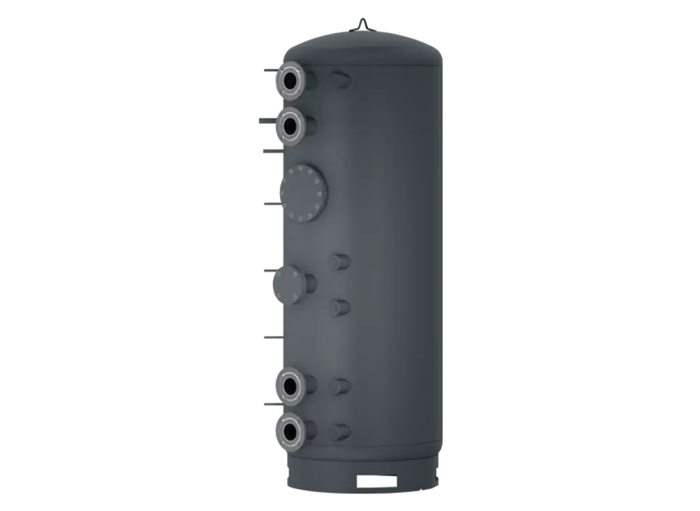 Stiebel Eltron Pufferspeicher in zylindrischer Form, mit mehreren Anschlüssen und einer festen Bauweise, für die Anwendung in Heizsystemen.
