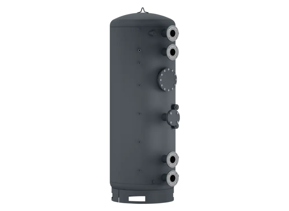 Stiebel Eltron Pufferspeicher, zylindrische Form, mit mehreren Anschlüssen und einem Deckel. Das Gehäuse ist grau und die Oberfläche wirkt glatt.