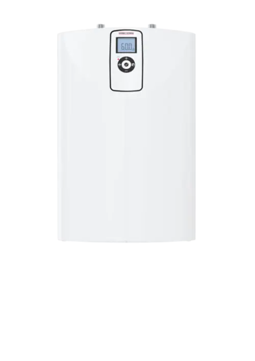 Weißer Warmwasserspeicher mit digitalem Display und Einstellknopf, geeignet für häusliche Warmwasserbereitungsanwendungen.