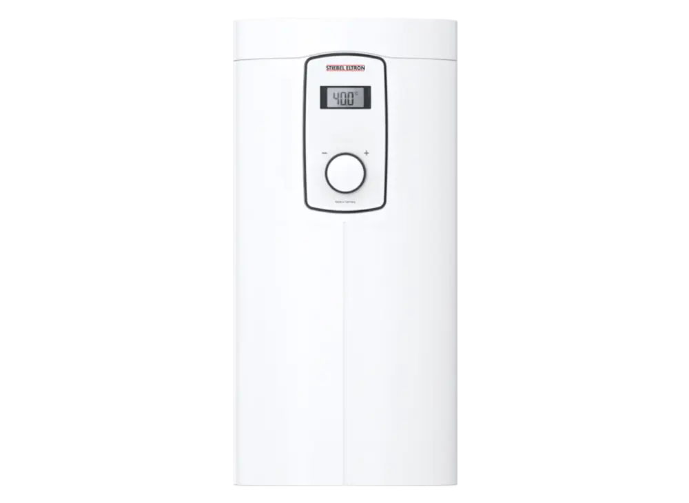 Weißer Komfort-Durchlauferhitzer von Stiebel Eltron mit digitaler Anzeige und Steuerelementen, designiert für wandmontierte Installation.