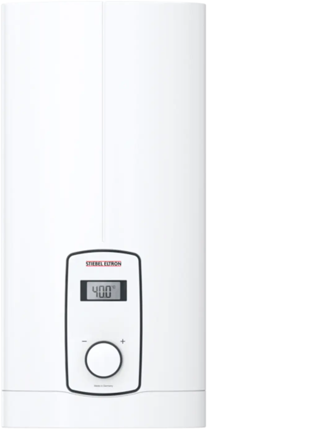 Weißer Durchlauferhitzer mit digitalem Display und Drehknopf von Stiebel Eltron, zur Temperaturregelung geeignet, mit Anzeige und Markierung für die Funktion.