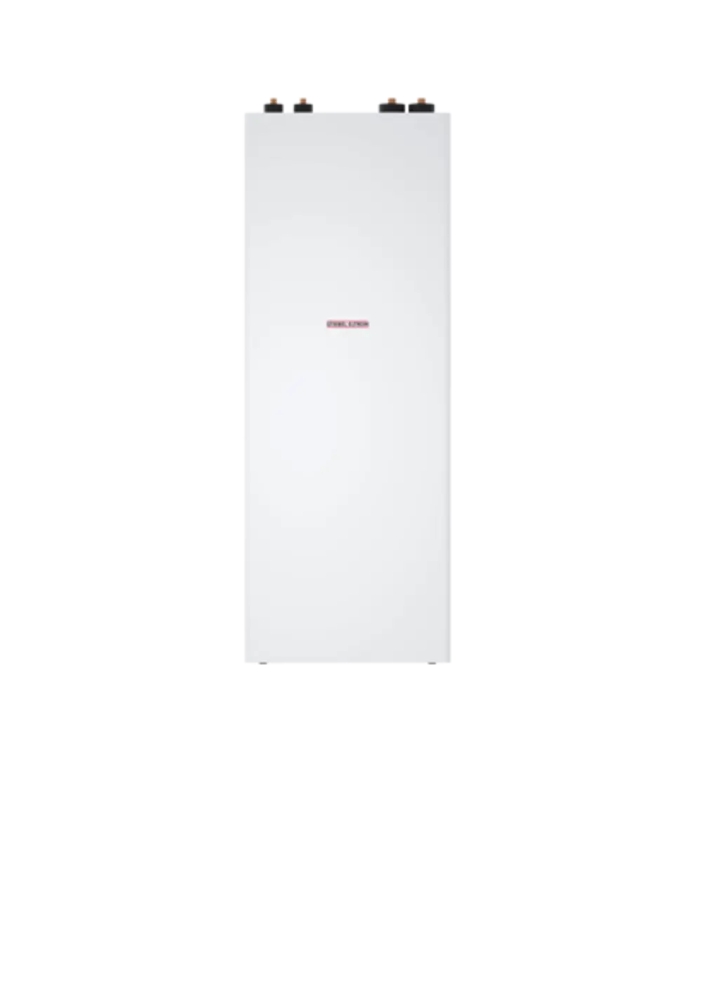 Weißer Integralspeicher von Stiebel Eltron mit mehreren Anschlüssen an der Oberseite, senkrecht stehend auf einem neutralen Hintergrund.