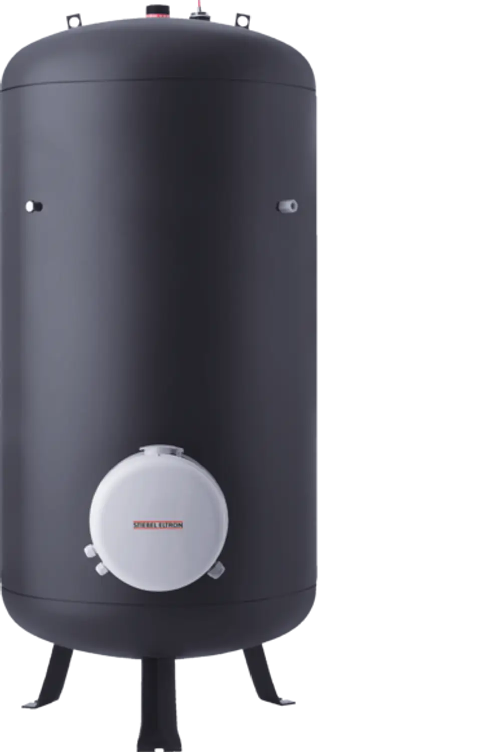 Stiebel Eltron Warmwasserspeicher in schwarzer Ausführung, zylindrisch mit einem mittig angebrachten Anschluss und Standbeinen.