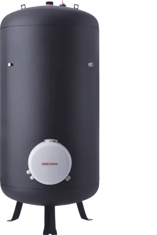 Stiebel Eltron Warmwasserspeicher in schwarzer Ausführung, zylindrisch mit einem mittig angebrachten Anschluss und Standbeinen.