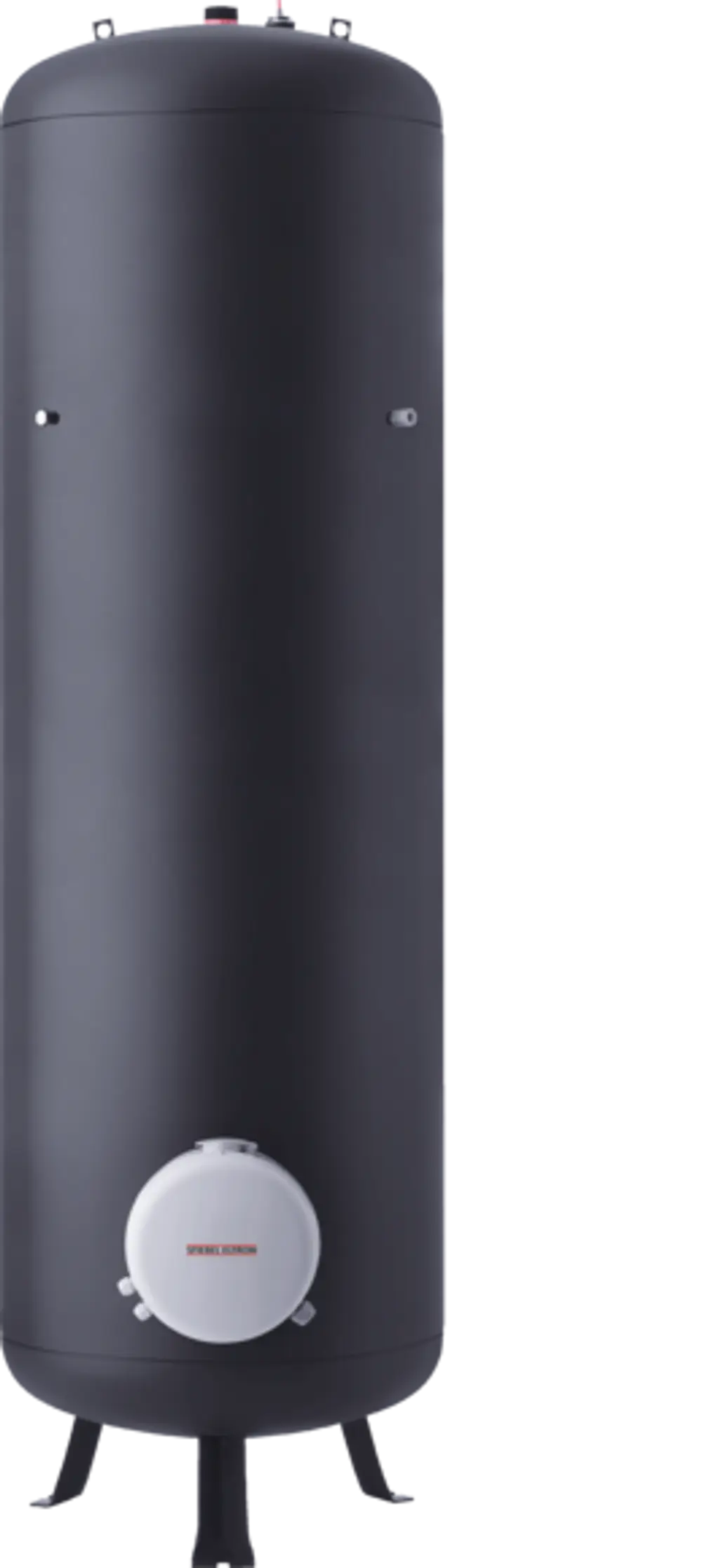 Stiebel Eltron Warmwasserspeicher, zylindrische Form in Schwarz, ausgestattet mit einem runden Anschluss an der Unterseite und zwei kleinen Öffnungen an der Oberseite.