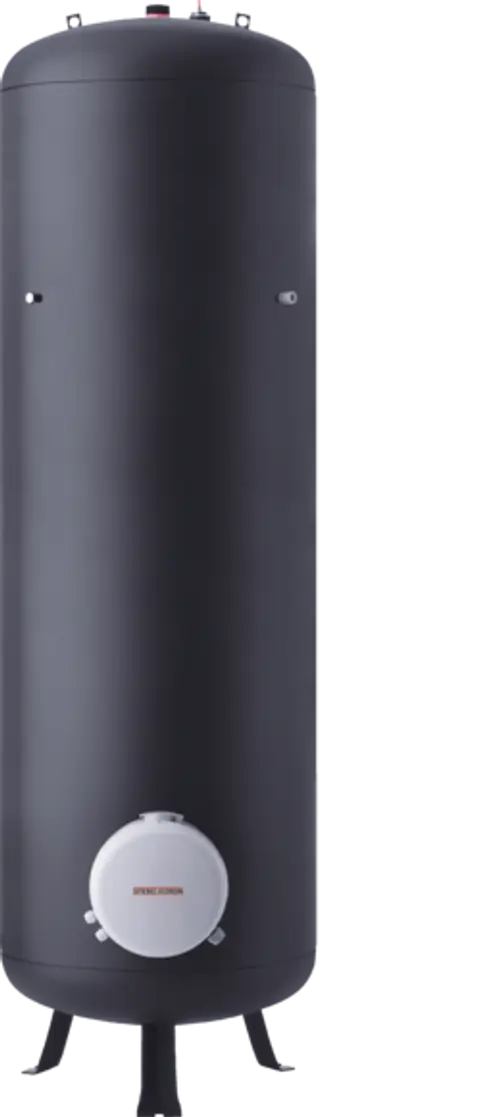 Stiebel Eltron Warmwasserspeicher, zylindrische Form in Schwarz, ausgestattet mit einem runden Anschluss an der Unterseite und zwei kleinen Öffnungen an der Oberseite.