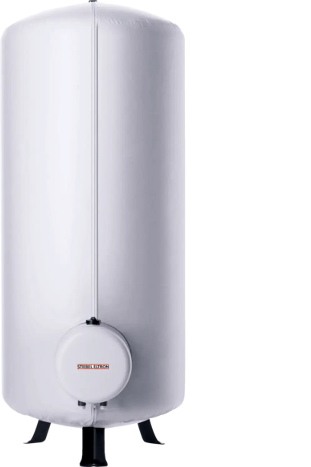 Stiebel Eltron Warmwasserspeicher in zylindrischer Form, mit einer glatten, weißen Oberfläche und einem runden Anschluss unten, auf vier schwarzen Standfüßen.