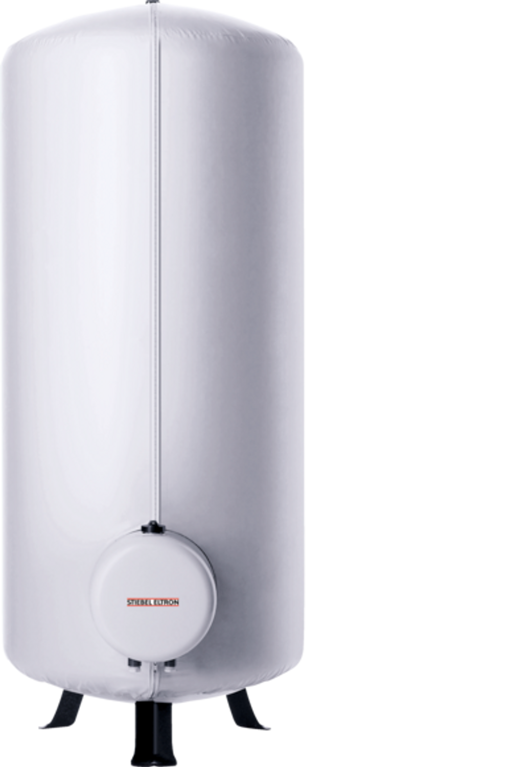 Stiebel Eltron Warmwasserspeicher in zylindrischer Form, mit einer glatten, weißen Oberfläche und einem runden Anschluss unten, auf vier schwarzen Standfüßen.